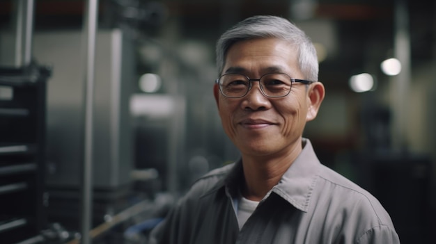 A smiling senior Chinese male electronic factory worker standing in factory