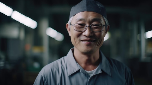 A smiling senior Chinese male electronic factory worker standing in factory