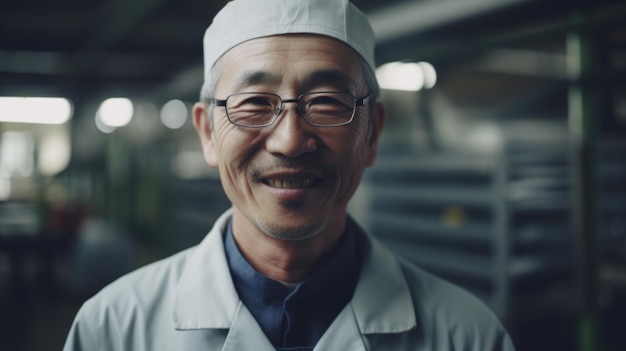 A smiling senior Chinese male electronic factory worker standing in factory