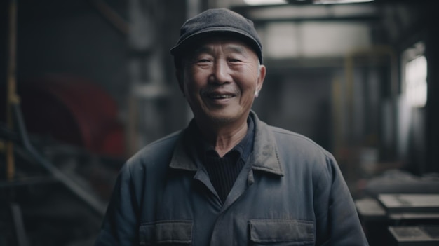 A smiling senior Chinese male factory worker standing in metal sheet factory