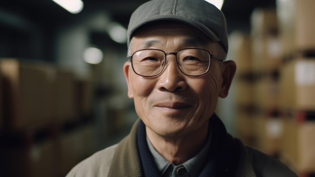 A smiling senior Chinese male factory worker standing in warehouse