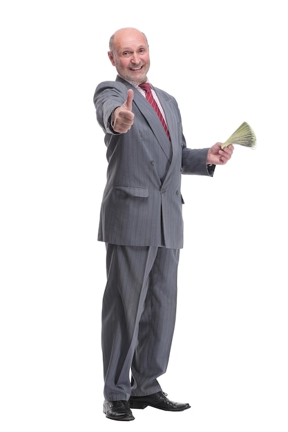 Smiling senior gentleman holding money with hand and pocket