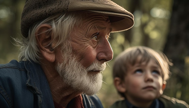 Smiling senior grandfather bonds with grandson outdoors generated by AI