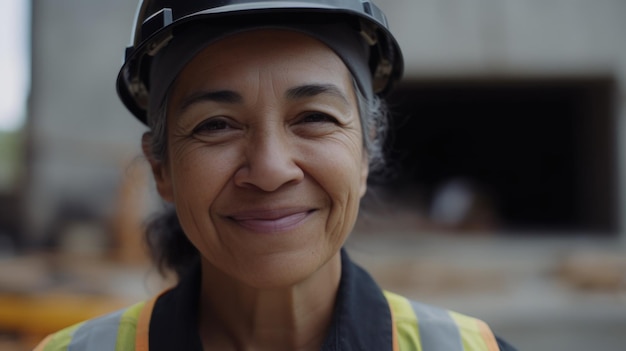 A smiling senior Hispanic female construction worker standing in construction site