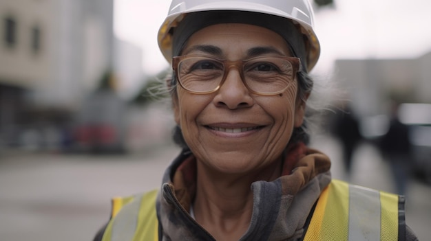 A smiling senior Hispanic female construction worker standing in construction site