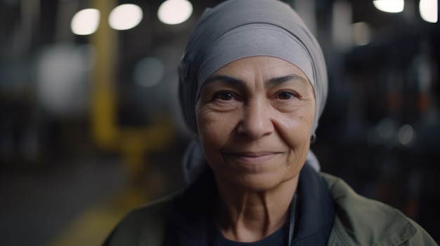 A smiling senior Hispanic female factory worker standing in oil refinery plant