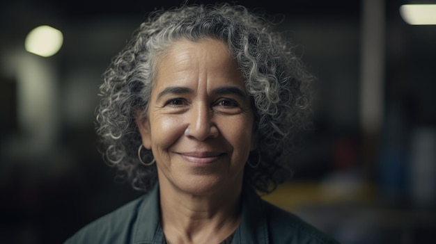 A smiling senior Hispanic female factory worker standing in warehouse