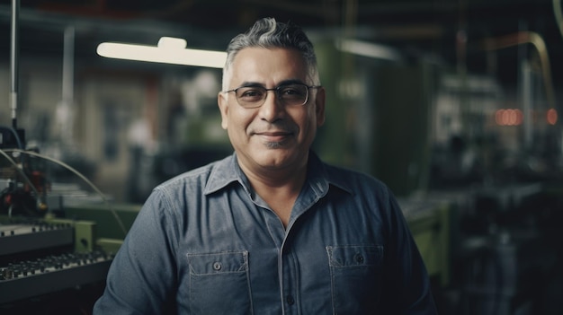 A smiling senior Hispanic male electronic factory worker standing in factory