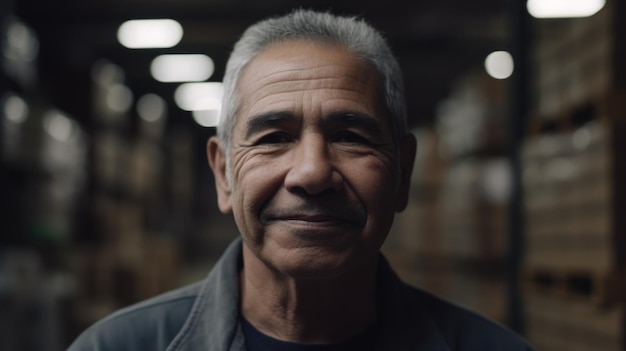 A smiling senior Hispanic male factory worker standing in warehouse