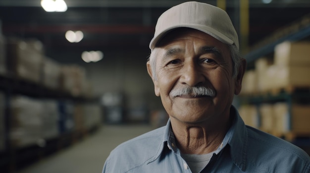 A smiling senior Hispanic male factory worker standing in warehouse