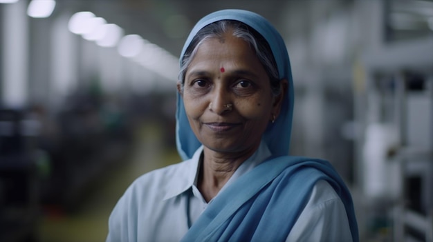 A smiling senior Indian female electronic factory worker standing in factory