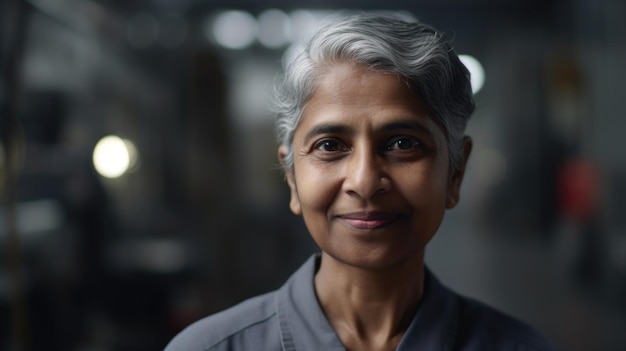 A smiling senior Indian female electronic factory worker standing in factory