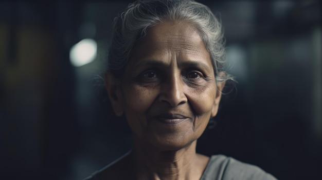 A smiling senior Indian female factory worker standing in metal sheet factory