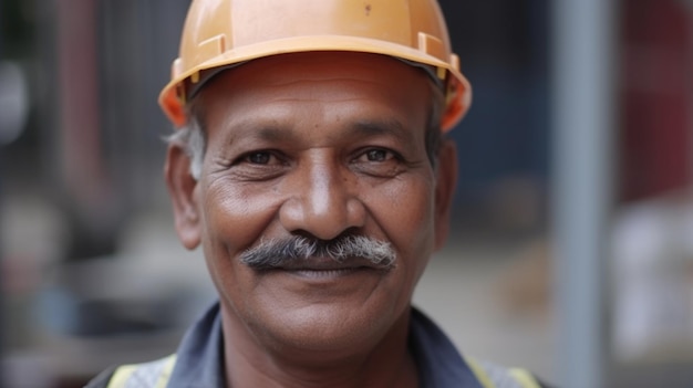 A smiling senior Indian male construction worker standing in construction site