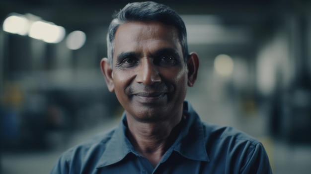 A smiling senior Indian male electronic factory worker standing in factory