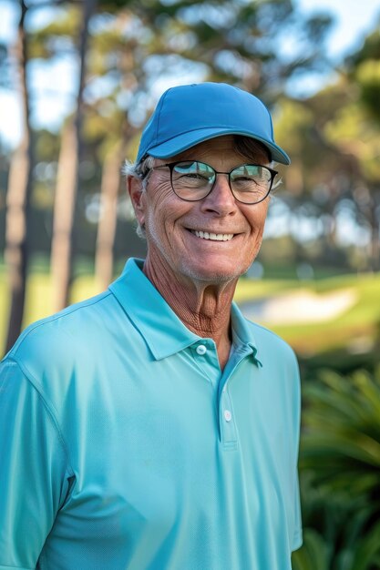 Smiling senior man in blue cap and polo on golf course