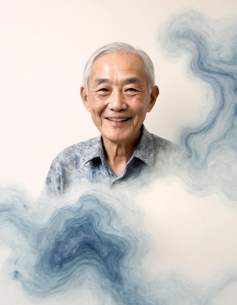 Photo smiling senior man posing against abstract blue background