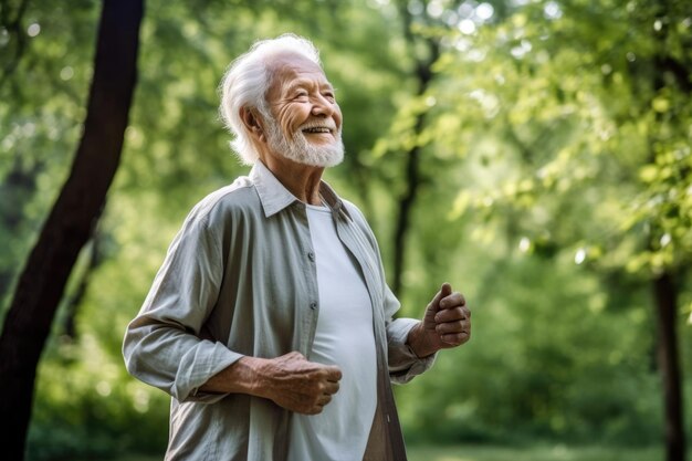 Smiling senior man practicing tai chi outdoors in a park created with generative ai