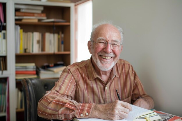 Smiling senior man studying at home