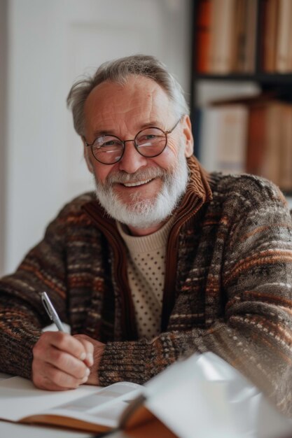 Smiling senior man studying at home