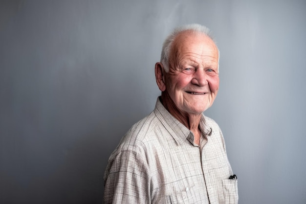 A smiling senior standing against a gray wall with copyspace created with generative ai