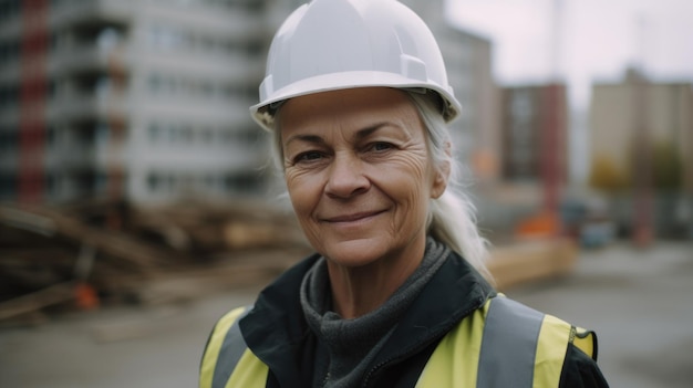 A smiling senior Swedish female construction worker standing in construction site