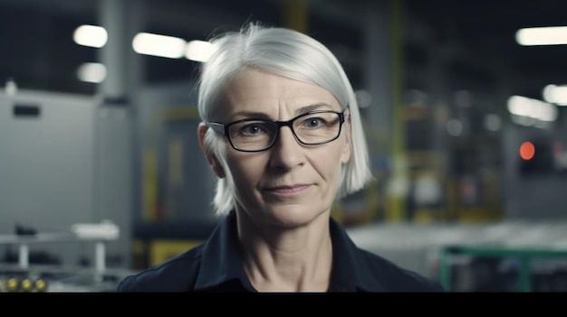 A smiling senior Swedish female electronic factory worker standing in factory