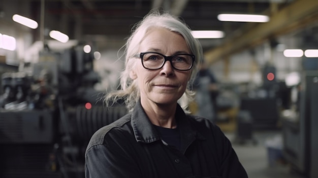 A smiling senior Swedish female factory worker standing in metal sheet factory