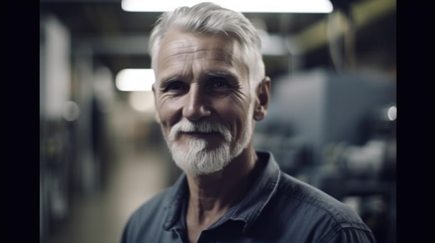 A smiling senior Swedish male electronic factory worker standing in factory