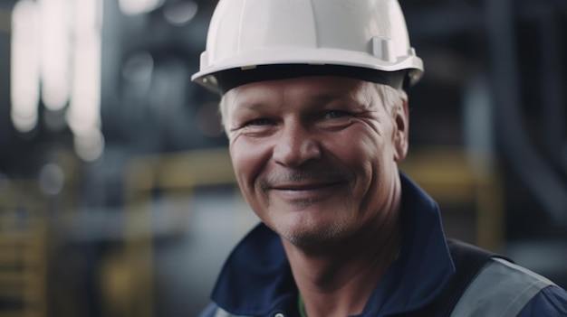 A smiling senior Swedish male factory worker standing in oil refinery plant