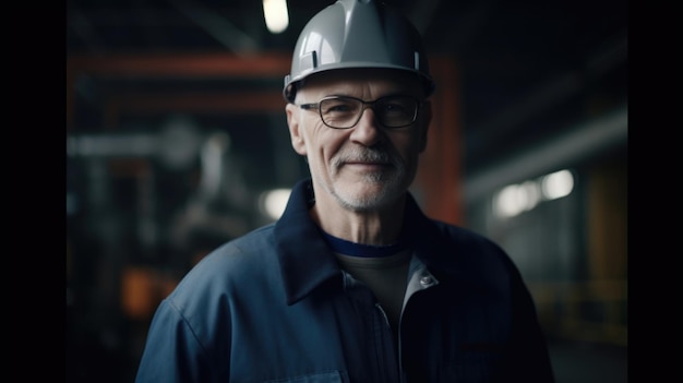 A smiling senior Swedish male factory worker standing in oil refinery plant