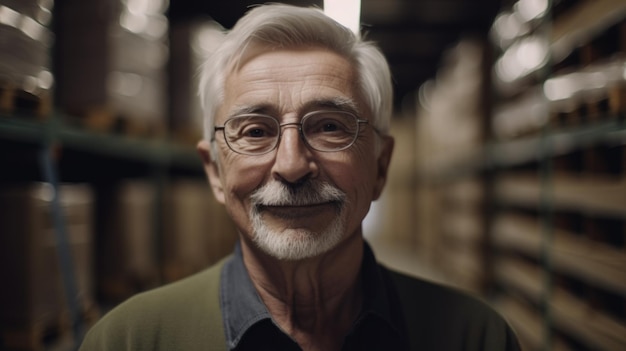 A smiling senior Swedish male factory worker standing in warehouse