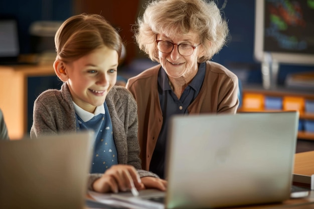 Photo smiling senior teacher assisting her student in elearning over laptop in the classroom