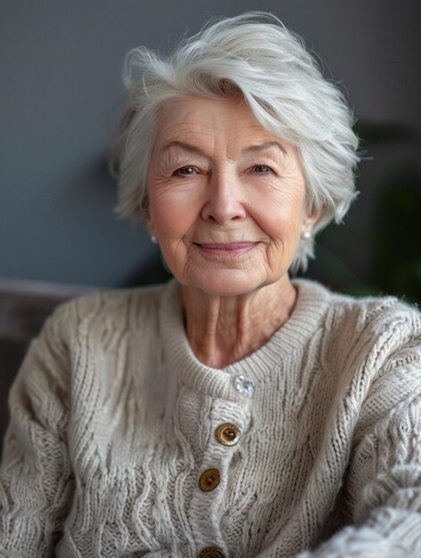 Smiling Senior Woman in Cozy Sweater Portrait of Contentment and Wisdom