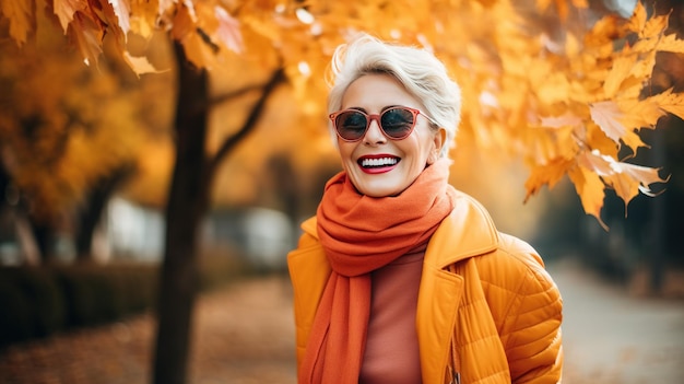 Photo a smiling senior woman donning trendy sunglasses and a colorful orange outfit strolling through