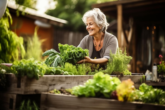 Smiling senior woman enjoying gardening in lush raised garden beds