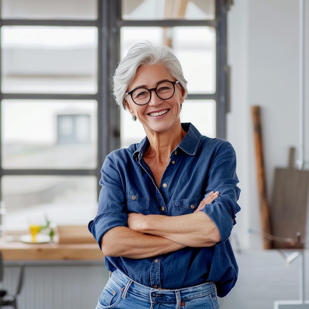 Smiling senior woman in modern office blue shirt jeans arms crossed