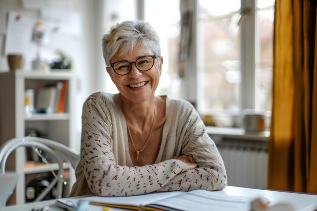 Photo smiling senior woman studying at home