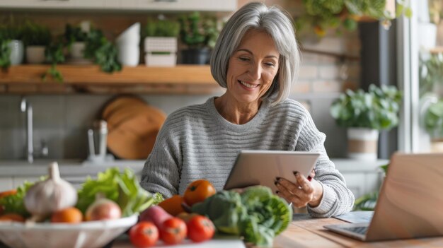 Photo smiling senior woman using a tablet for diet planning with fresh vegetables in a bright kitchen nutrition expert integrating technology and healthy eating for balanced diets