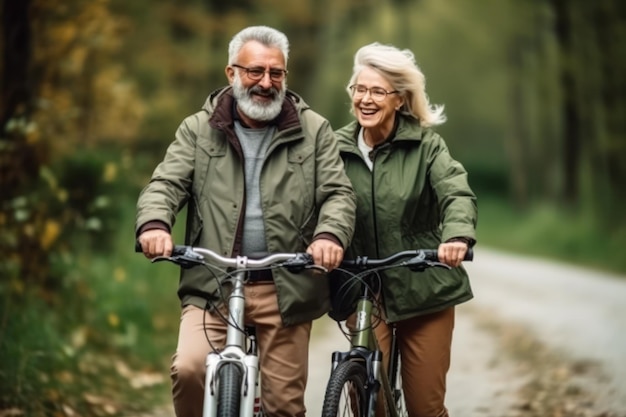 Smiling seniors pedaling bicycles through the park reveling in the revitalizing outdoors