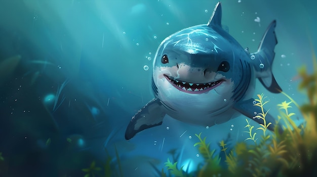 a smiling shark with a black nose and eye swims in the ocean accompanied by a white fish