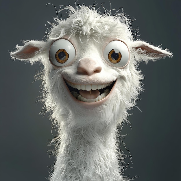 A smiling sheep with big green eyes and a smile