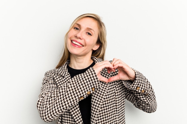 Smiling and showing a heart shape with hands