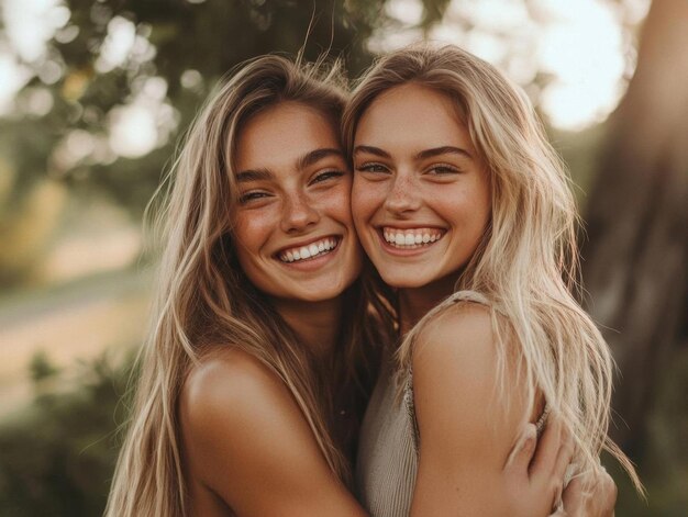 Photo smiling sisters embrace in nature