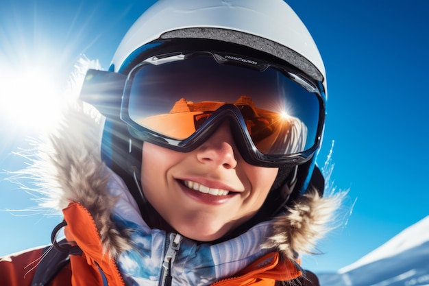 a smiling skier looking at a camera with ski gear on her face