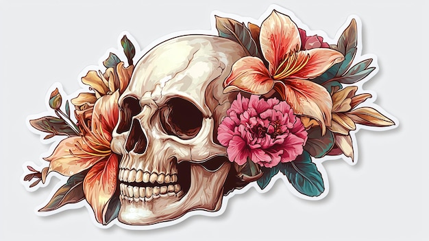 Photo smiling skull with bright flowers in whimsical and fun halloween illustration