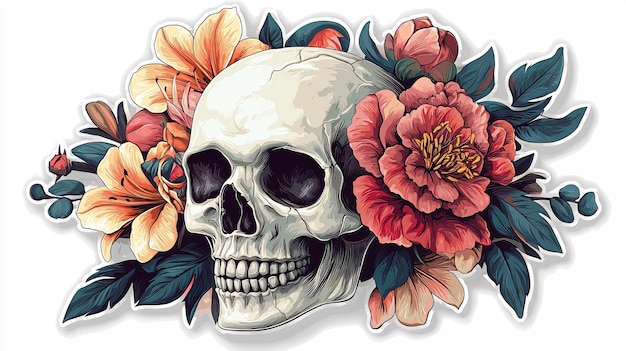 Photo smiling skull with colorful flowers in spooky and fun halloween illustration