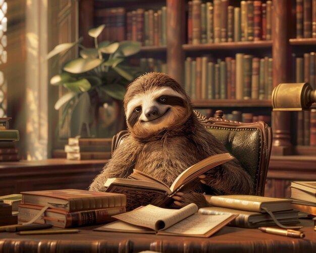 Smiling sloth as a librarian surrounded by books in a tranquil library