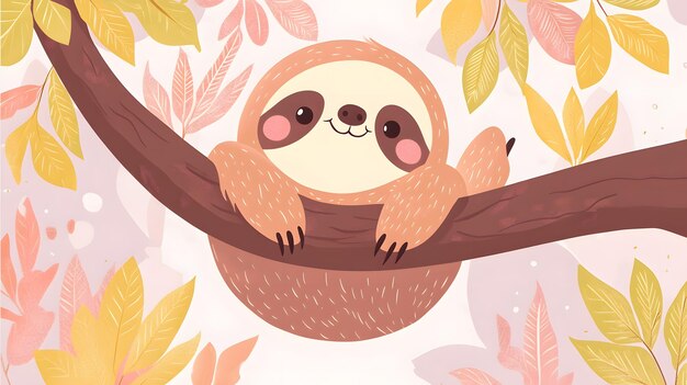 Photo a smiling sloth hanging on a branch with leaves