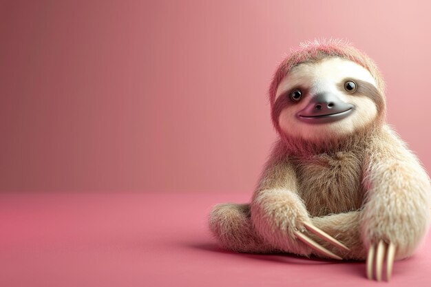 Photo smiling sloth lying on pink background exuding joy and calm